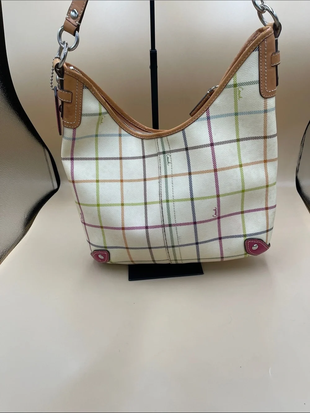 Coach Tattersol Cream Plaid Shoulder Bag with Pink Stripe